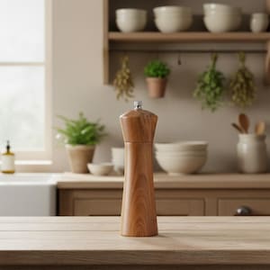 Puede incluir: Un molinillo de pimienta de madera con tapa plateada se encuentra sobre una superficie de madera clara. El molinillo tiene un diseño clásico con forma cónica y veta de madera visible. El entorno de la cocina incluye plantas, cuencos y una ventana.