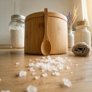 Saleiro de bambu com tampa e colher, estilo minimalista, para armazenamento na cozinha.