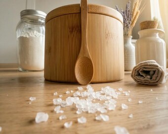 Salero de bambú con tapa y cuchara, tarro de almacenamiento de cocina minimalista