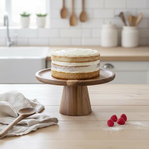 Soporte rústico de madera para pasteles, expositor minimalista para postres, decoración de mesa Japandi, pedestal de madera natural, soporte de cocina estilo bohemio.