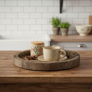 May include: A rustic wooden tray holds a speckled beige teacup and saucer, a small jar with a cork lid and geometric design, and spices. A lit candle sits nearby. The tray is on a wooden surface.