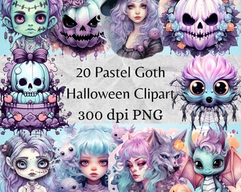 Halloween pastel goth clipart set of 20 graphics png bundle ghost witch bat werewolf creepy cute