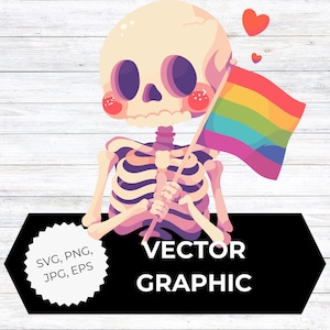 May include: A cartoon skeleton with a rainbow flag and two small red hearts. The skeleton has a light beige skull and rib cage with purple accents. The image includes the text "VECTOR GRAPHIC" and file type options.