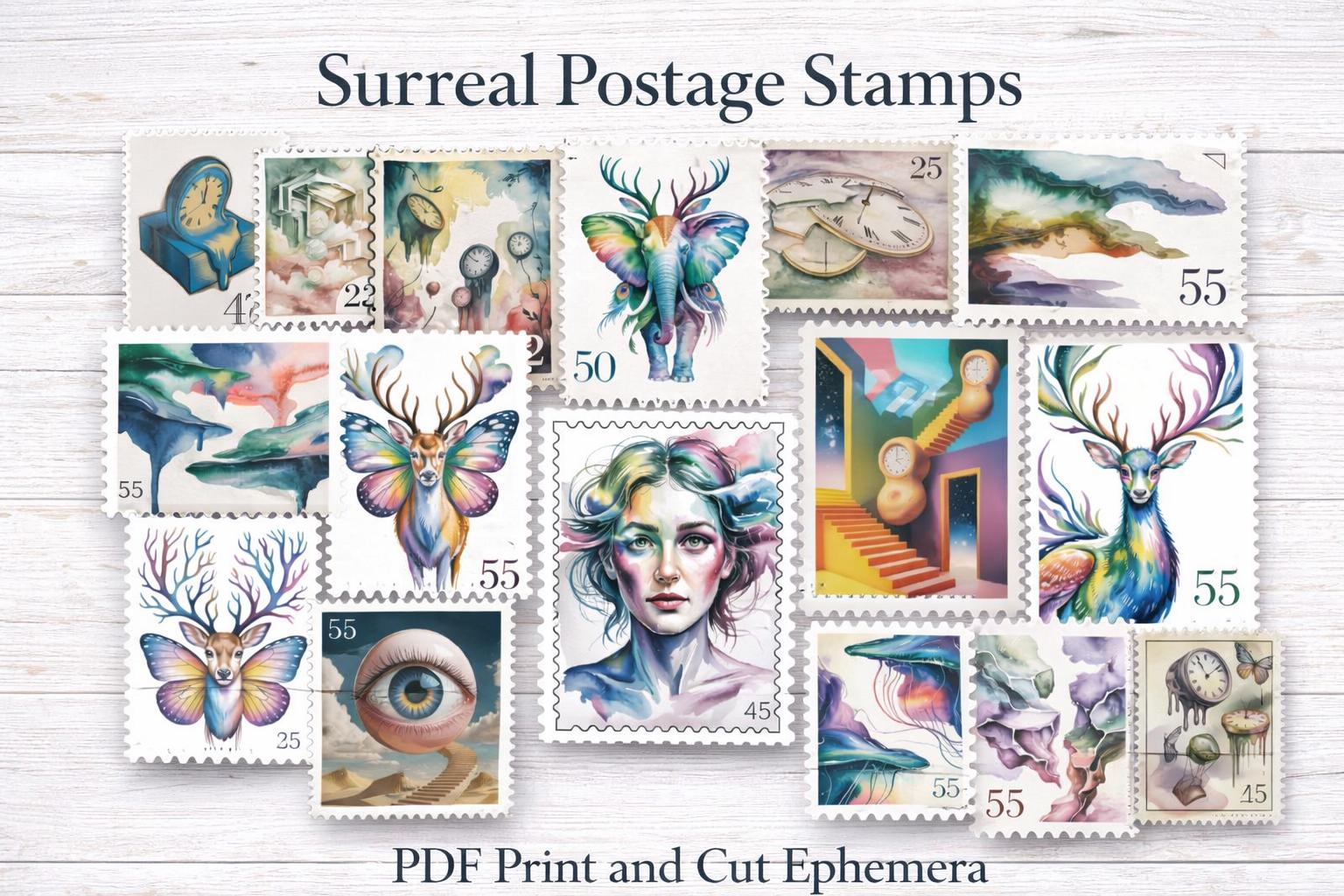 Surreal Postage Stamps Printable Ephemera, Fantasy Stamps, Junk Journal ...