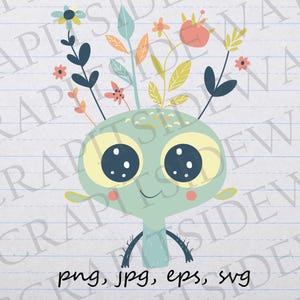 Cute alien with plants on head clip art clipart vector graphic svg png jpg eps, extraterrestrial, floral alien, plant alien