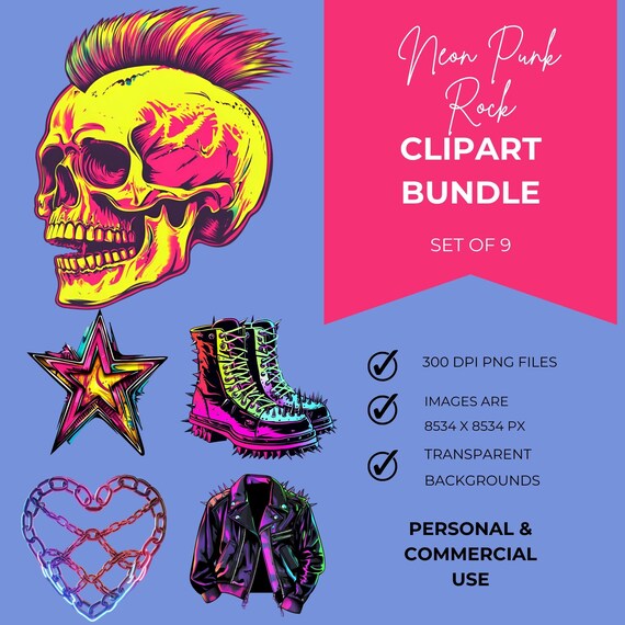 Neon Punk Rock Clipart Set of 9 PNG Images | Skull, Studded