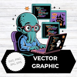 Cthulhu Programmer Clipart, programming Graphic, SVG PNG jpg eps, spooky tech Graphic, Instant Download, octopus creature