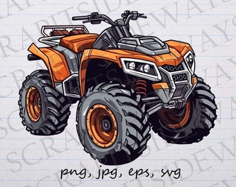 May include: A cartoon illustration of an orange ATV with black tires and a black roll cage. The ATV has a black and silver front bumper and a black seat.
