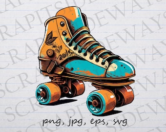 Puede incluir: Ilustración colorida de un patín. El patín presenta un diseño de caña alta con una parte superior beige, detalles turquesa y cordones marrones. Las ruedas son naranjas con centros turquesa. Incluye el texto "png, jpg, eps, svg".
