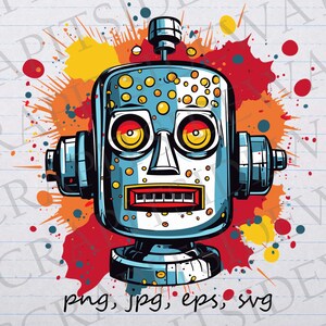 May include: A retro robot face with large, round eyes and a toothy grin. The robot is surrounded by colorful paint splatters in shades of red, orange, and yellow.