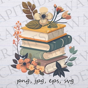 Puede incluir: Una pila de cinco libros con detalles florales. Los libros son de varios tonos de marrón, verde y amarillo. Las flores son de tonos naranja, amarillo y blanco.