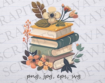 Stos książek z kwiatami clipart clipart grafika wektorowa svg png jpg eps naklejka projekt pastelowe książki czytelnik czytanie robak książkowy miłośnik książek