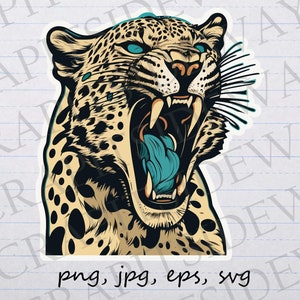 Leopard roaring clip art clipart vector graphic svg png jpg eps, 90s style, tattoo leopard, yelling leopard