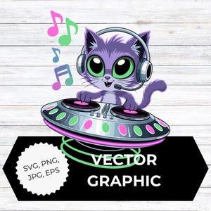 Op de afbeelding: Een paarse cartoonkat met een koptelefoon die een DJ-draaitafel bedient. De kat heeft grote groene ogen en glimlacht. Muzieknoten zweven boven de draaitafel. De afbeelding bevat de tekst "VECTOR GRAPHIC" en bestandstype-opties.