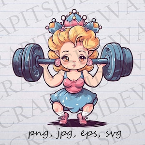 Crossfit Princess clip art clipart vector graphic svg png jpg eps, weight lifting princess, gym princess, strong princess