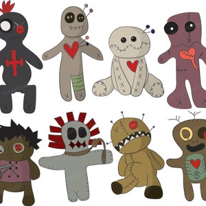Set of 8 Voodoo Dolls Hand Drawn Digital Clipart Images VG-016 Printable Vectors Graphics Halloween Magic New Orleans Cute Creepy Occult