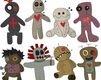 Conjunto de 8 muñecos vudú dibujados a mano Imágenes prediseñadas digitales VG-016 Gráficos vectoriales imprimibles Halloween Magia Nueva Orleans Lindo Escalofriante Ocultismo