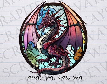 Stained glass dragon clip art clipart vector graphic svg png jpg eps mosaic dragon, fantasy dragon, dragon window