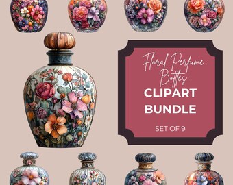 9 Vintage Maximalistiska Blommiga Parfymflaskor Clipart | Shabby Chic Blandteknik Digital Nedladdning för Skräppost & Hantverk