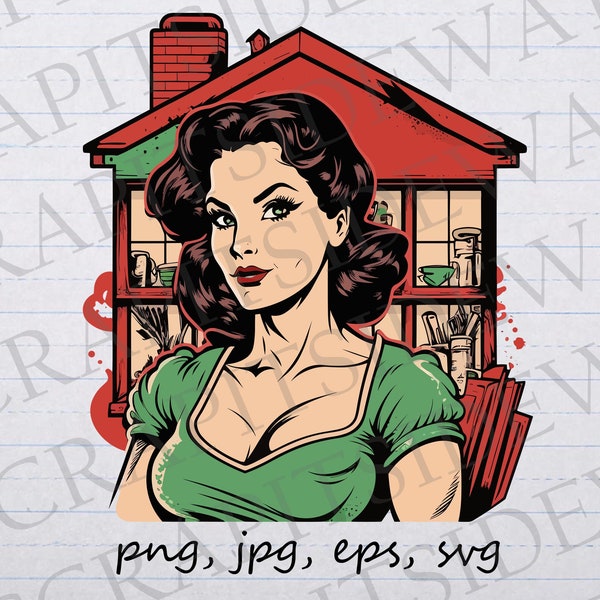 Retro Comic book house wife clipart vector graphic svg png jpg eps sticker design t-shirt design vintage woman