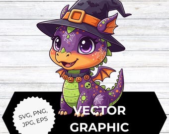 Halloween Dragon Clipart | Cute Witch Hat Dragon with Pumpkins svg, png, eps, jpeg | Spooky Fantasy Creature Graphic for Crafts & Stickers