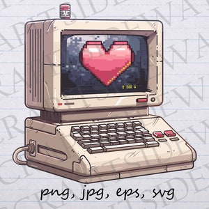Puede incluir: Un ordenador de estilo vintage con un corazón pixelado que se muestra en la pantalla. El ordenador es beige y tiene un teclado y un monitor.