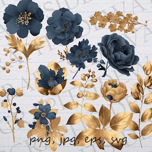 9 piece Navy blue and gold flowers clipart set svg Vector clipart png wedding birthday florals