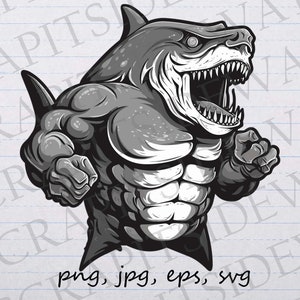 Gym Shark clip art clipart vector graphic svg png jpg eps, muscle shark, strong shark, great white shark, buff shark