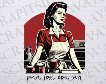 Retro woman in kitchen clipart vector graphic svg png jpg eps sticker design t-shirt design vintage woman baker house wife homemaker