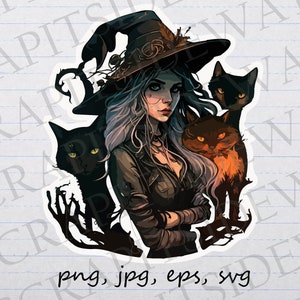 Mooie heks met katten clipart vectorafbeelding svg png jpg eps halloween gothic goth