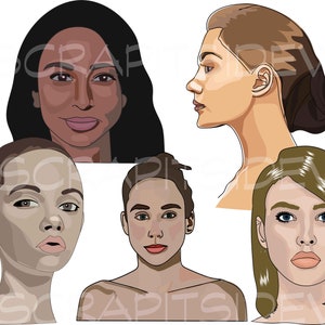 set of 5 Beautiful Women Faces clipart vector graphics Digital stamps sketchy hand drawn women pretty face