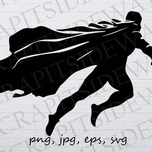 Superheld mit Umhang Silhouette Clipart Vektorgrafik Digitaler Stempel svg png jpg eps zerfetzten Umhang zerlumpten Umhang Superhelden fliegen
