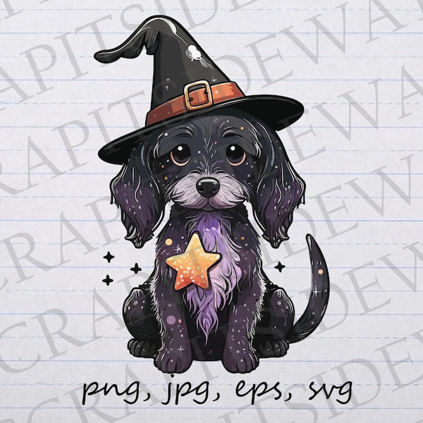 Cute dog witch clipart vector graphic svg png jpg eps halloween witch hat