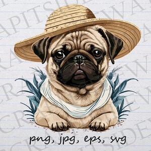 Pug in a sun hat clipart vector graphic svg png jpg eps cute beach summer