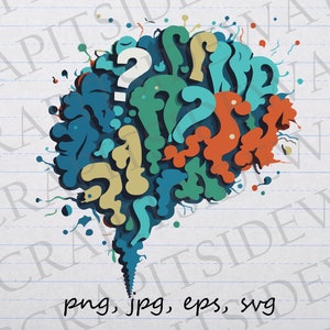 Puede incluir: Un gráfico en forma de cerebro azul, verde, naranja y amarillo con signos de interrogación. El gráfico está sobre un fondo blanco con líneas azules.
