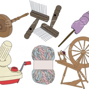 set of 6 Wolle Spinnwerkzeug Spinnrad Clipart Vektorgrafik skizzenhaft handgezeichnet handgesponnene Faserspinnerei eps svg pgn jpg
