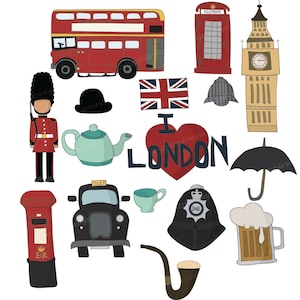 Set of 16 British Travel Hand Drawn Digital Clipart Images VG-015 Printable Vectors Graphics England London United kingdom UK Royal Big Ben
