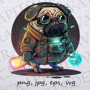 Mad scientist cyberpunk pug clipart vector graphic svg png jpg eps sci fi dog cyborg pug