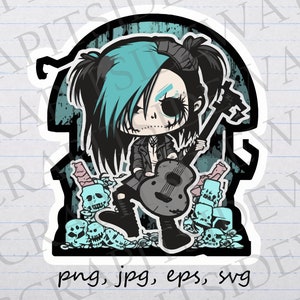 Peut inclure: Une illustration de dessin animé d'une fille aux cheveux bleus et au visage de crâne jouant de la guitare. Elle est entourée de crânes et d'os. L'image est dans un style grunge avec un fond noir et blanc.