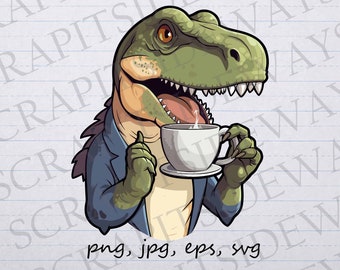 Tea rex clip art clipart vector graphic svg png jpg eps, trex, dinosaur drinking tea