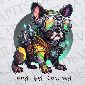 Niedliche Cyberpunk französische Bulldogge Clipart Vektorgrafik svg png jpg eps sci fi Hund Cyborg Bulldogge