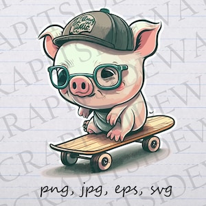 Lindo cerdo en patineta clipart vector gráfico svg png jpg diseño de pegatina diseño de camiseta cerdo con gafas cerdo patinador