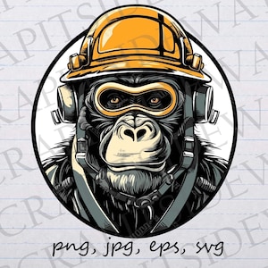 Macaco trabalhador da construção civil clipart gráfico vetorial svg png jpg eps macaco trabalhador capacete gorila design de camiseta design de adesivo