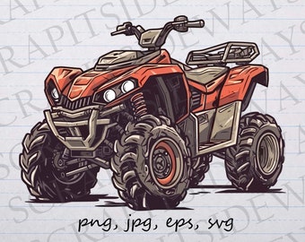 May include: A red and black ATV with a roll cage and a rear cargo box. The ATV has large knobby tires and a front bumper.