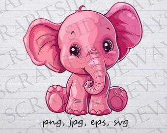 Cute pink elephant clip art clipart vector graphic svg png jpg eps, cartoon elephant, it's a girl Elephant (C)