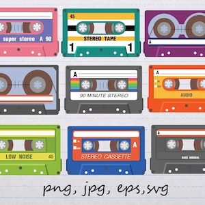 lot of 9 vintage cassette tapes clipart vector graphics and elements svg png jpg eps music retro tape