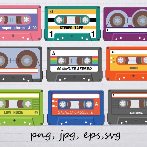 lot of 9 vintage cassette tapes clipart vector graphics and elements svg png jpg eps music retro tape