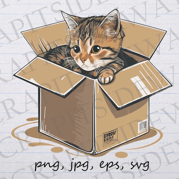 Cat in a box clipart vector graphic svg png jpg eps cute cat sitting in box sticker design t-shirt design