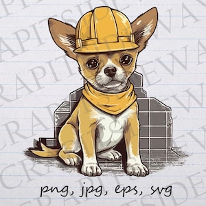 May include: A cartoon illustration of a small brown and white dog wearing a yellow construction worker's hat and a yellow bandana. The dog is sitting on a gray and white checkered background.