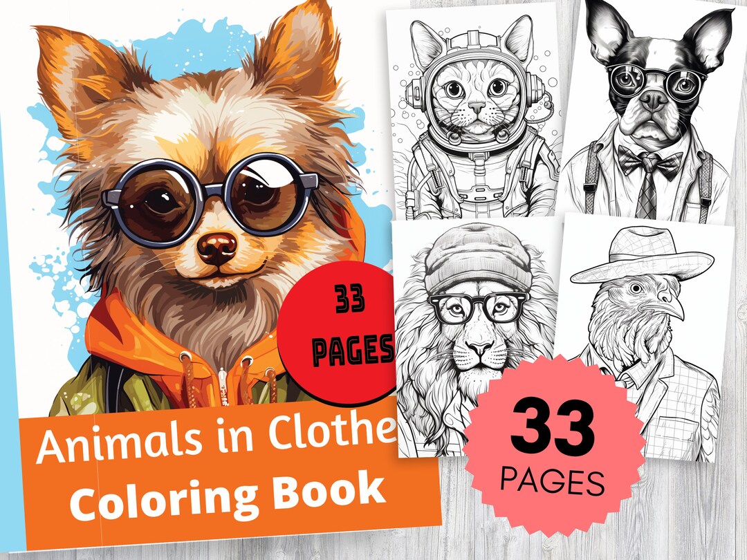 Animals in Clothes Grayscale Coloring Book 33 Pages Adult Coloring ...